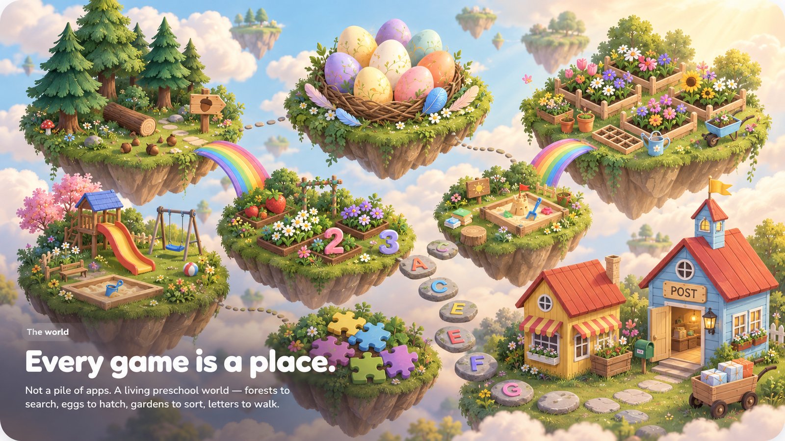 Map of Poppu World — floating islands, one for every game