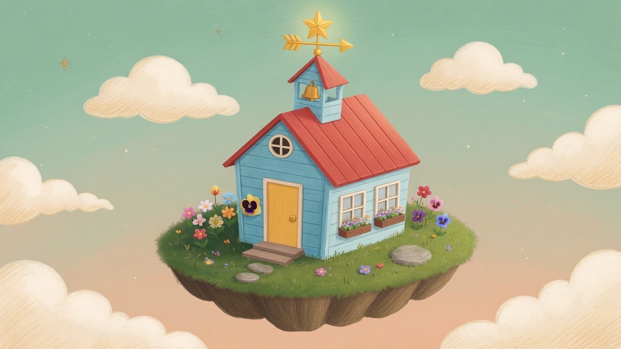 Poppu Academy schoolhouse on a floating island